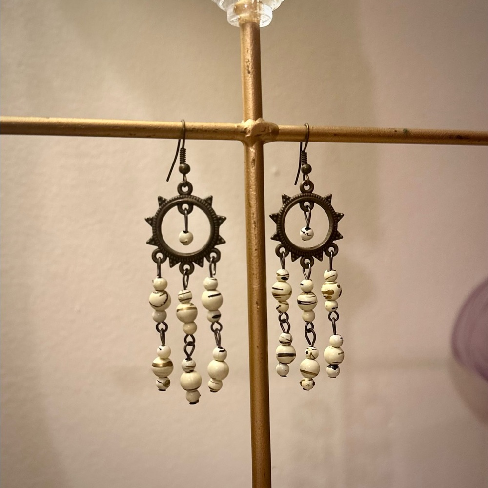 Boho Beaded Dangle Earrings W/ a Sun Design Accent Off-White/Cream